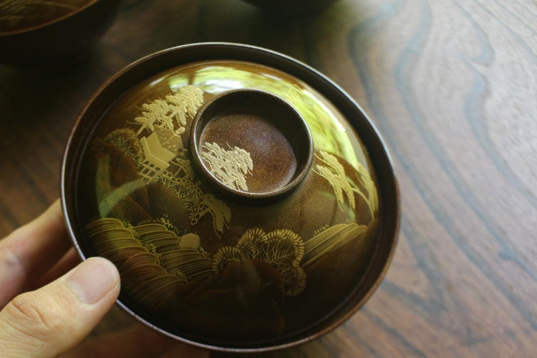 時代逸品！時代総梨地に優美な山水楼閣蒔絵の映えるお椀5点（検輪島塗蒔絵椀懐石椀