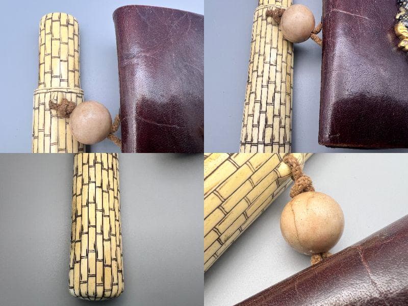 江戸明治時代　生肖図　金銀象嵌　極上骨製手彫キセル入れ　大玉根〆　銀製キセル