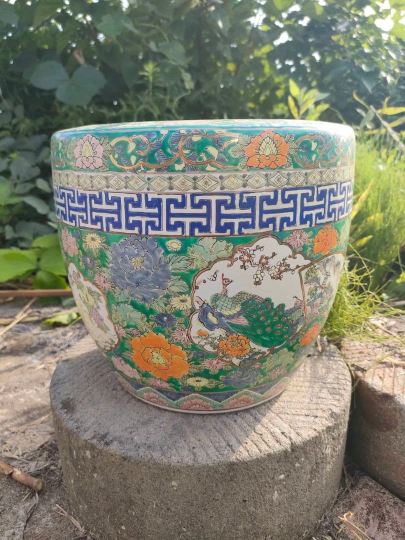 ★色絵 金襴手 火鉢　手焙 兎 孔雀 花鳥山水文 　古具