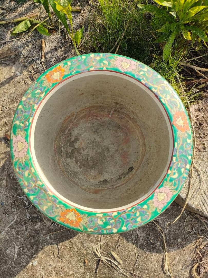 ★色絵 金襴手 火鉢　手焙 兎 孔雀 花鳥山水文 　古具