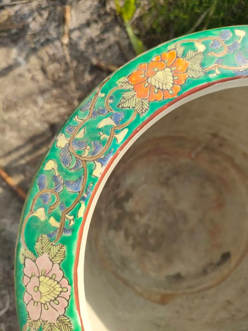 ★色絵 金襴手 火鉢　手焙 兎 孔雀 花鳥山水文 　古具