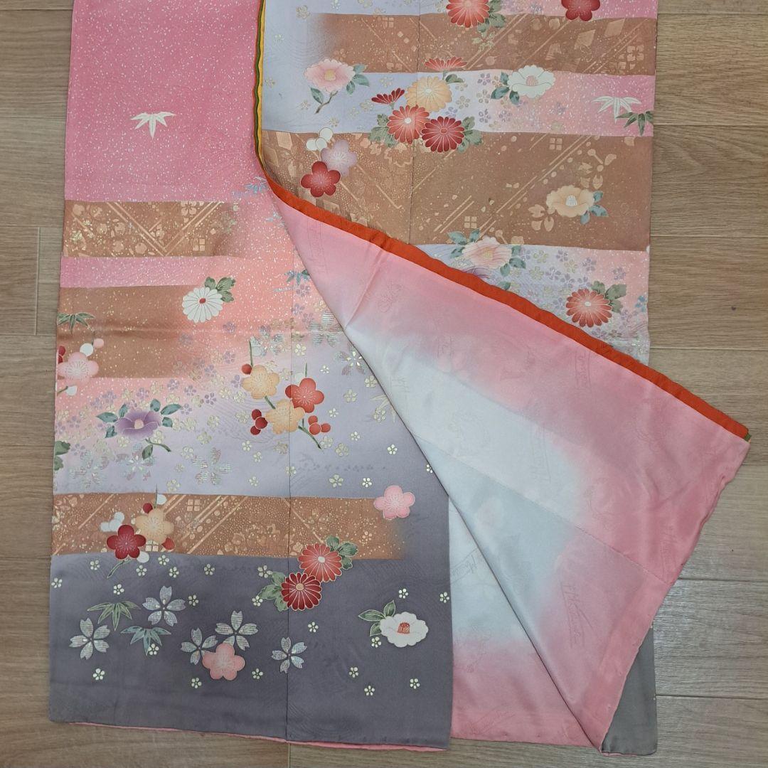 正絹振袖セット ピンク地の古典的な金彩模様と十二単風の重ね仕立 成人式に最適