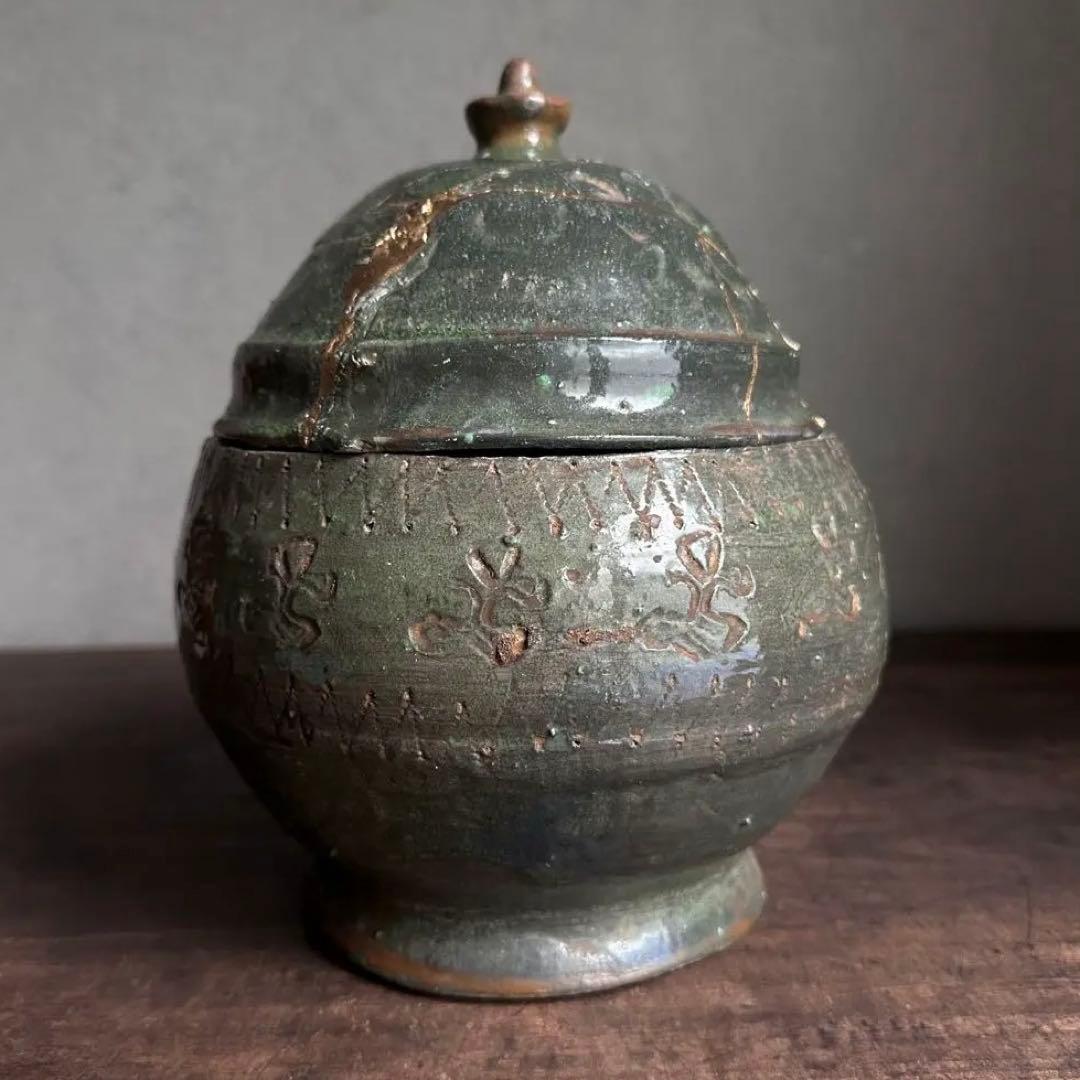 雰囲気良し　須恵器　緑釉　蓋物　古陶磁　中国美術　時代物