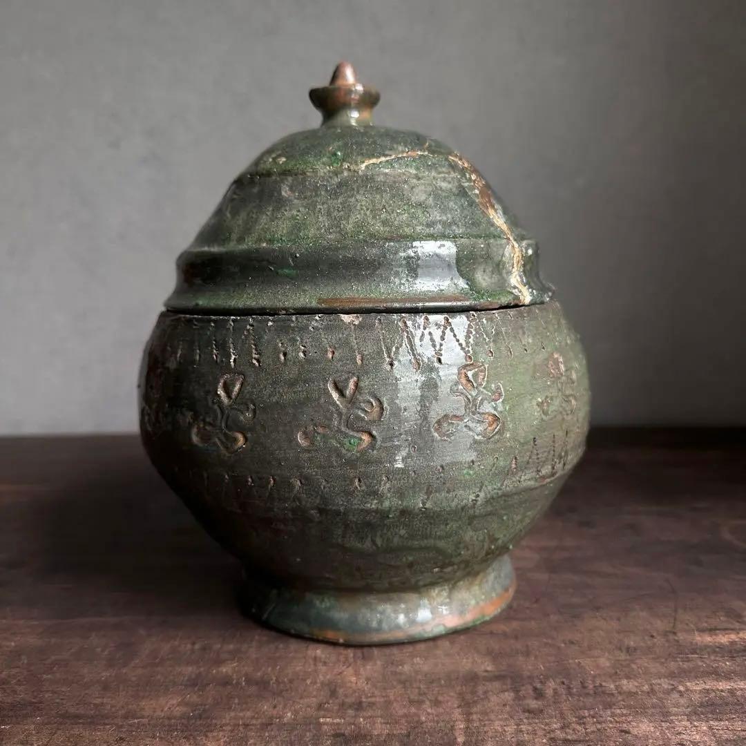 雰囲気良し　須恵器　緑釉　蓋物　古陶磁　中国美術　時代物