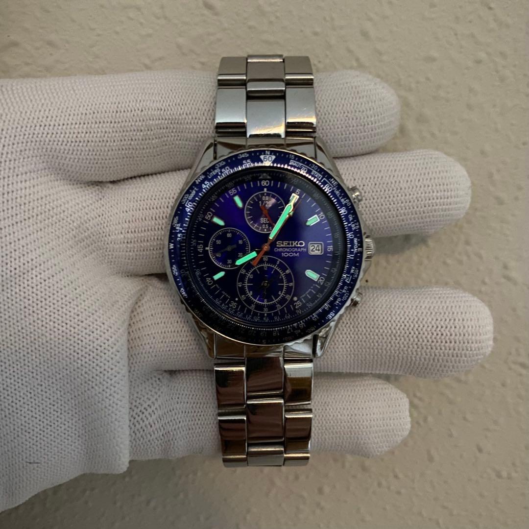 SEIKO クロノグラフ 100M クォーツ 腕時計 ブルー文字盤