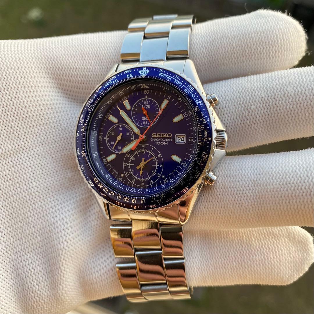 SEIKO クロノグラフ 100M クォーツ 腕時計 ブルー文字盤
