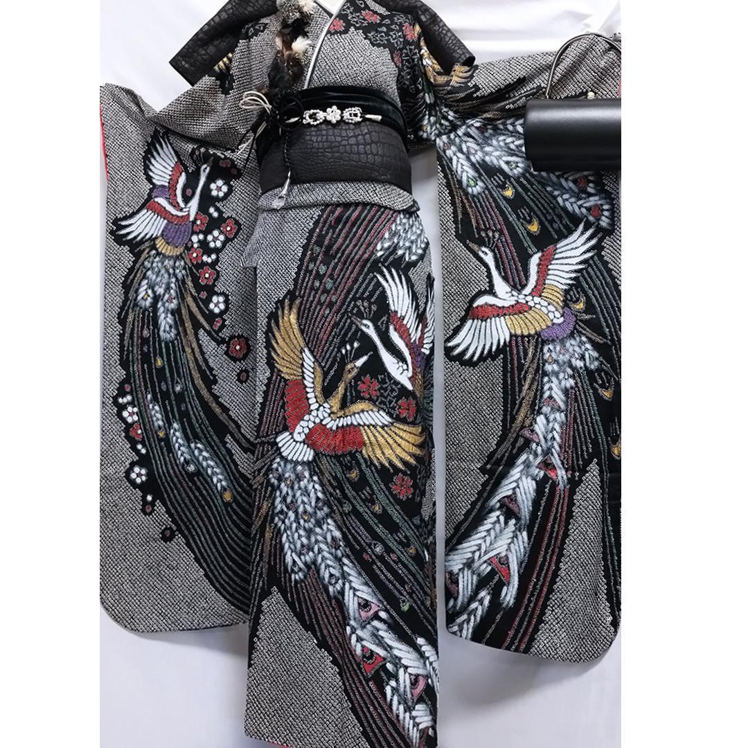 極美品！希少◆ 振袖6点セット ◆丈159cmフルセット総絞り黒ブラック53Bw
