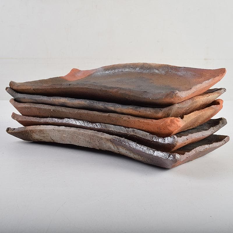 TA　和食器　楽山窯清水日呂志作　焼〆長皿　十客　共布共箱　MR9365B