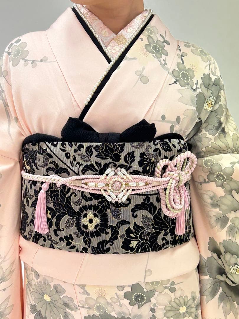 振袖フルセット　手書き草花紋　ベビーピンク