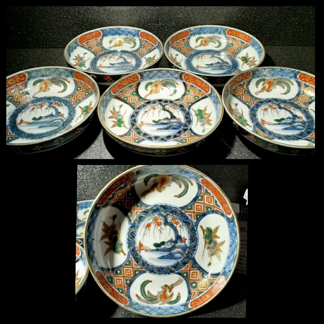 江戸時代後期　献上古伊万里　染錦　鳳凰に桐葉文様　15.4cm   深皿　5客