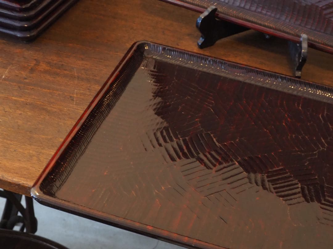 讃岐盆　木製彫刻模様入り　正方形　お盆　トレー　5客