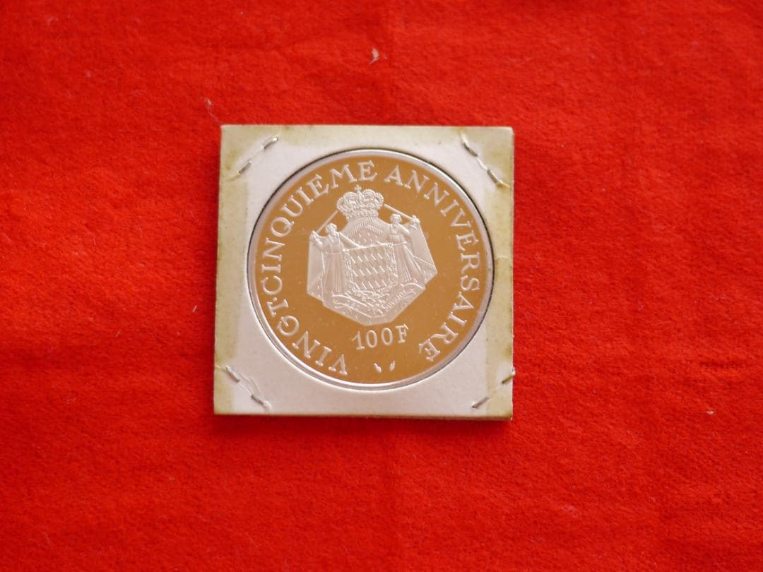 1974年　モナコ公国レニエ3世即位25周年　公式100フランプルーフ銀貨