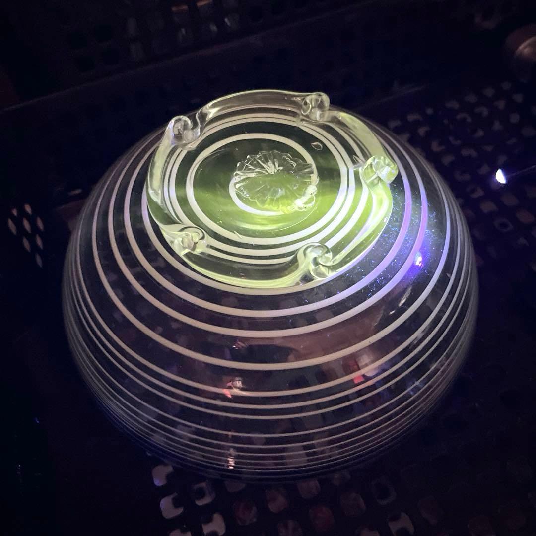 骨董　時代ガラス　瑠璃色フチ　希少　千段　糸巻き輪鉢　菓子器　氷コップ　ウラン②