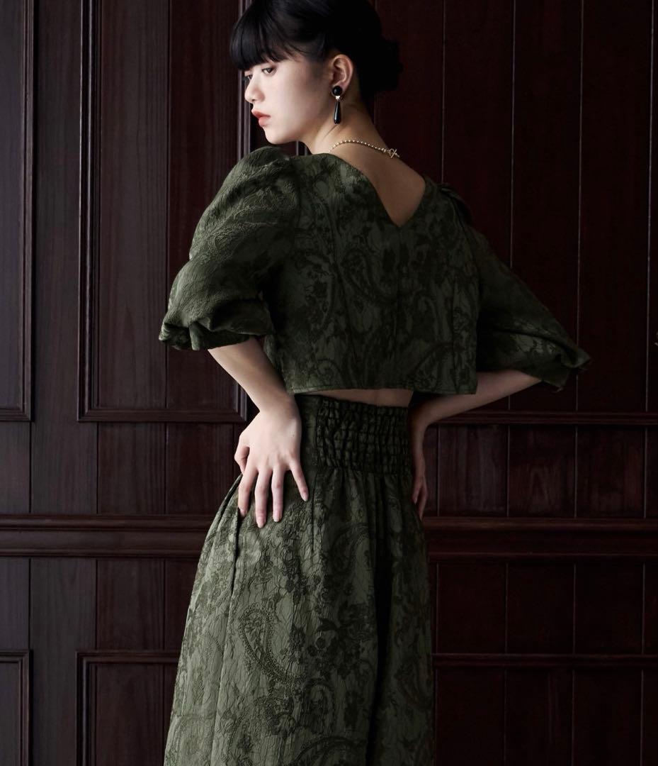 パンツドレス ジャガードクロップブラウス＆タックワイドパンツセットアップ　S