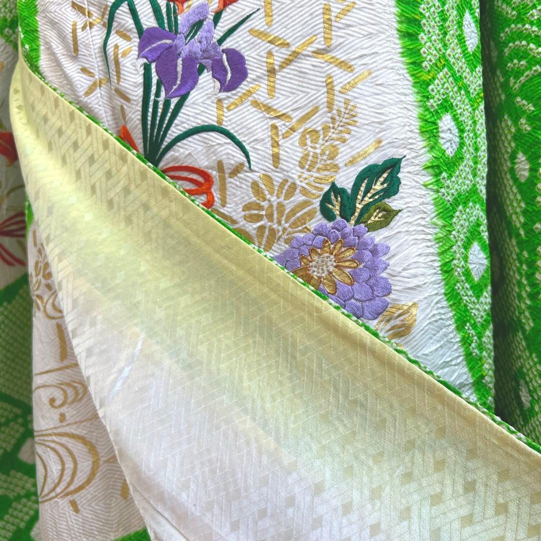 448 振袖フルセット 正絹 グリーン 黄緑 総刺繍 金彩 絞り レトロ 古風