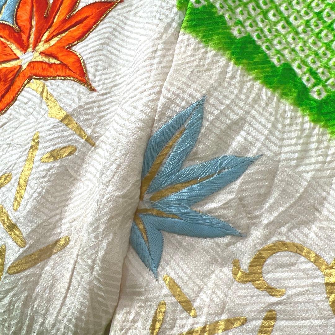 448 振袖フルセット 正絹 グリーン 黄緑 総刺繍 金彩 絞り レトロ 古風