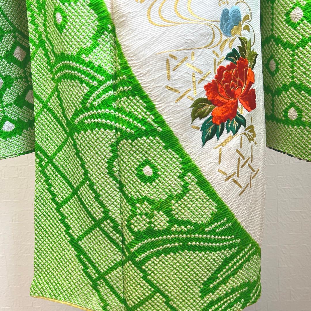 448 振袖フルセット 正絹 グリーン 黄緑 総刺繍 金彩 絞り レトロ 古風