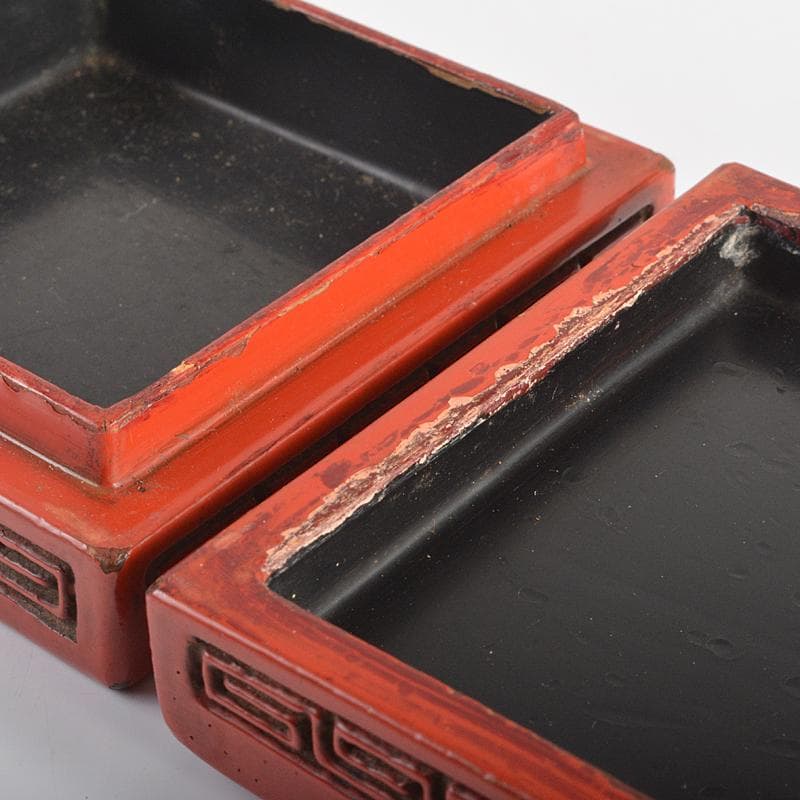 中国　剔紅　堆朱　山水文　四方香合　合わせ箱　M　R7056