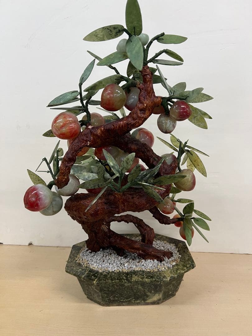 中国美術　桃樹玉石　桃木玉石盆栽　景泰藍　石細工彫刻　置物　縁起物