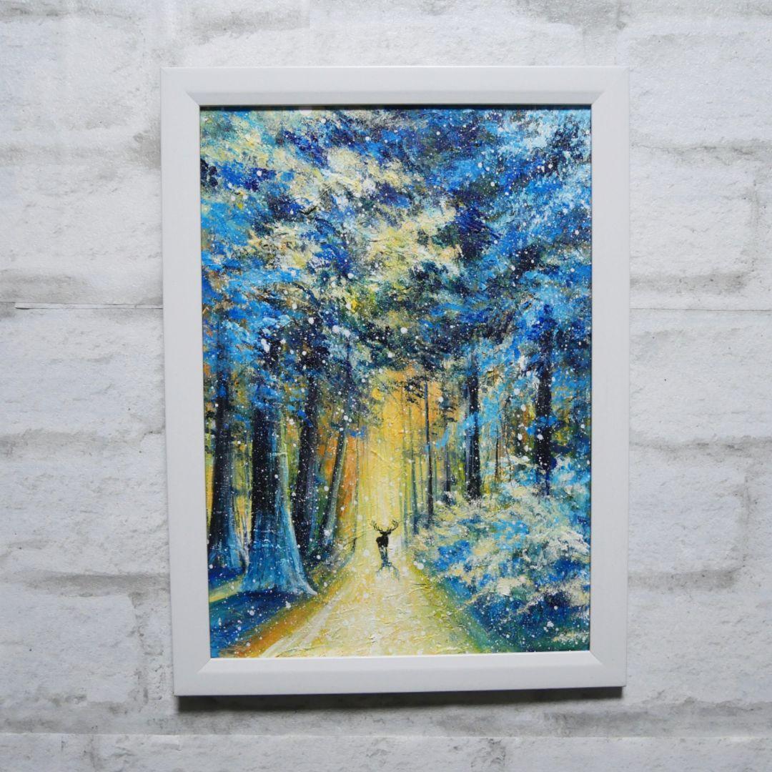油絵 油彩 油彩画 絵 絵画　【雪景色の中で雪に立つ雄鹿】