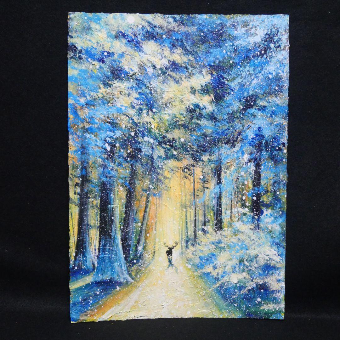 油絵 油彩 油彩画 絵 絵画　【雪景色の中で雪に立つ雄鹿】