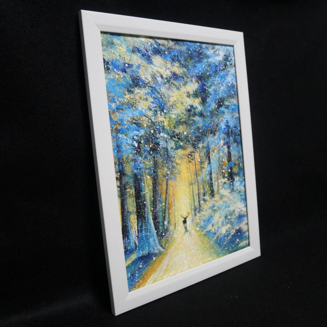 油絵 油彩 油彩画 絵 絵画　【雪景色の中で雪に立つ雄鹿】