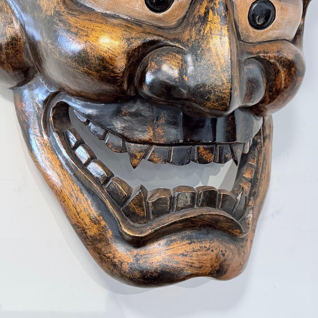 時代年代物 特大 木彫 塗金黒漆 般若 お面 壁飾り 縦約70㎝ 能面 東洋彫刻