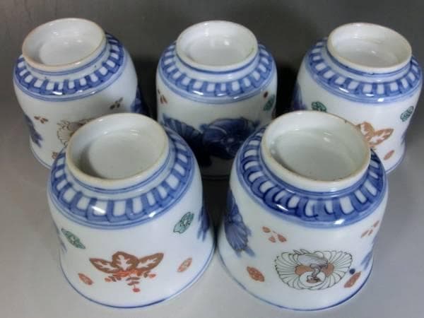 蕎麦猪口■伊万里 色絵 桐 鶴 菊 牡丹 5客セット 湯飲 骨董■