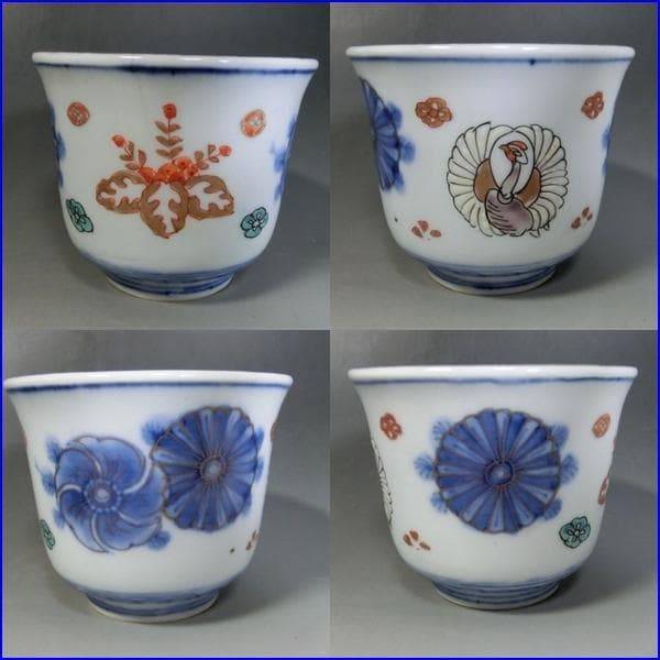 蕎麦猪口■伊万里 色絵 桐 鶴 菊 牡丹 5客セット 湯飲 骨董■