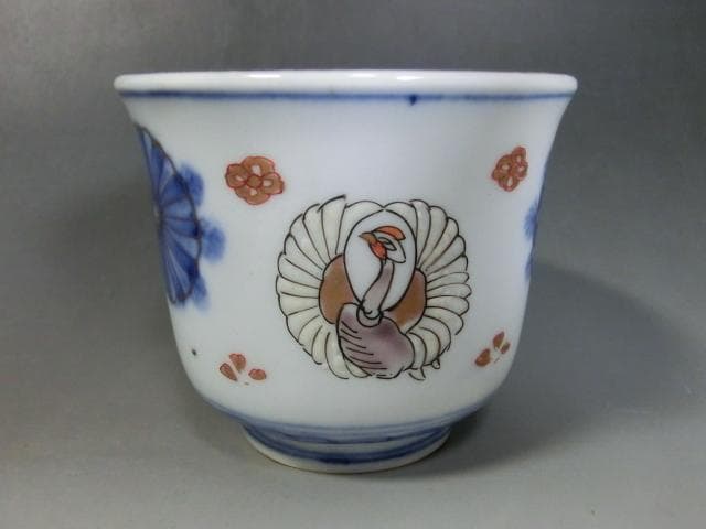 蕎麦猪口■伊万里 色絵 桐 鶴 菊 牡丹 5客セット 湯飲 骨董■