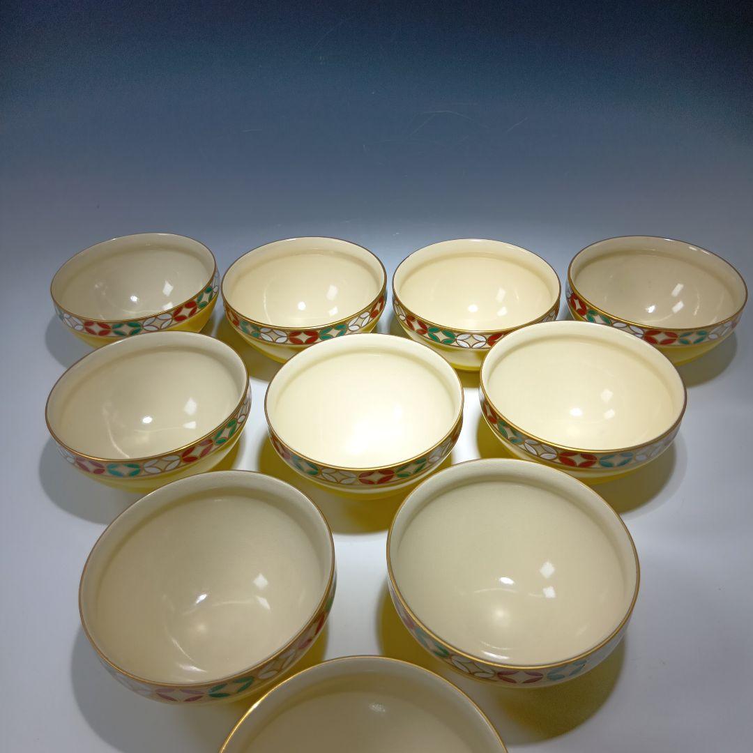 最後値下げ茶道具　黄釉天目形七宝文数茶碗10客　　 昌山造　共箱　美品
