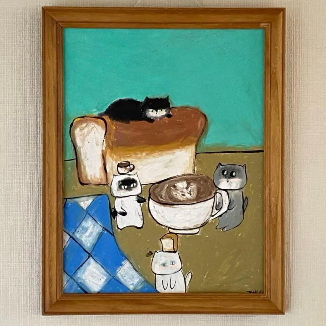 絵画。原画手描【週末、猫ちゃんたちのコーヒーとパンのパーティー】