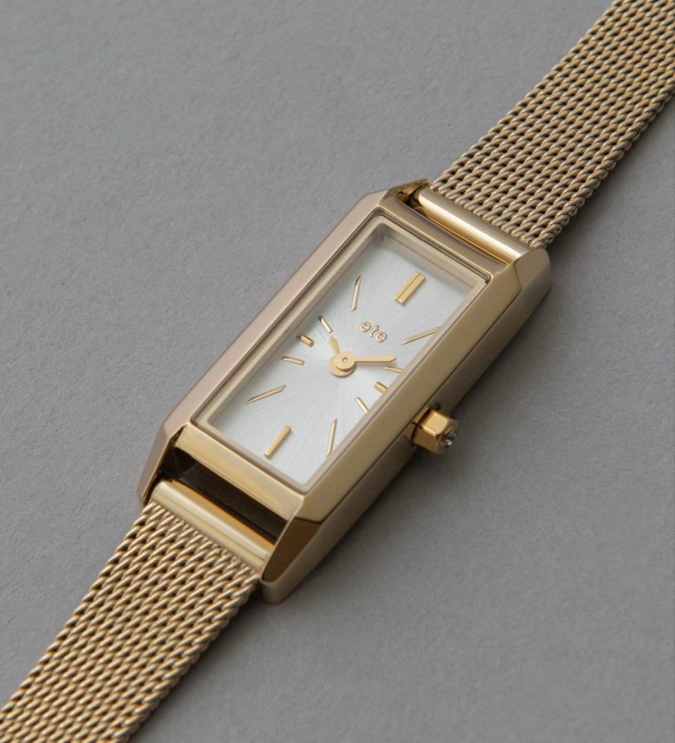ete レクタングルフェイス メッシュベルトウォッチ　ゴールド