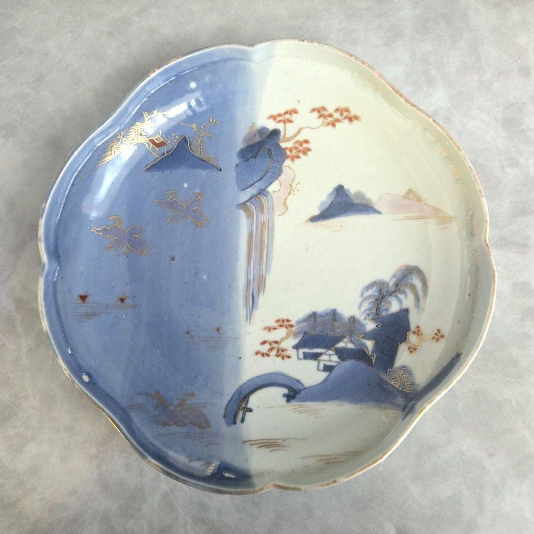 古伊万里　染め分け　変形皿　滝　薄瑠璃　江戸時代　骨董　金継ぎ　アンティーク