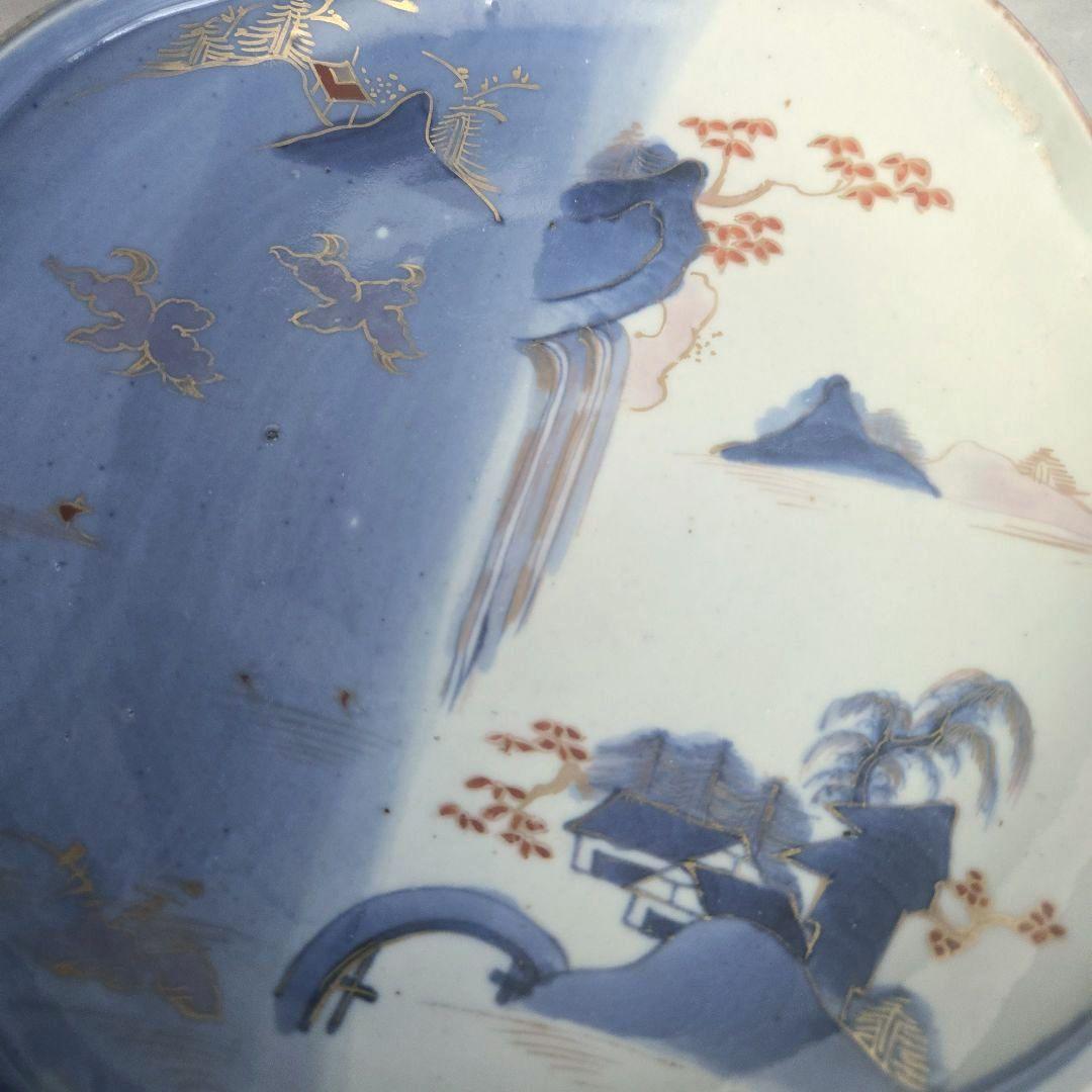 古伊万里　染め分け　変形皿　滝　薄瑠璃　江戸時代　骨董　金継ぎ　アンティーク