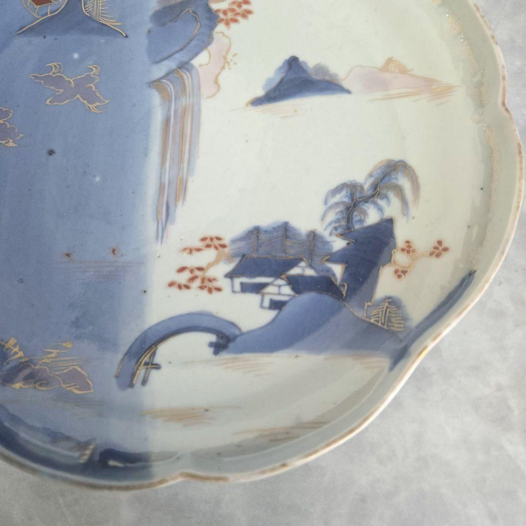 古伊万里　染め分け　変形皿　滝　薄瑠璃　江戸時代　骨董　金継ぎ　アンティーク
