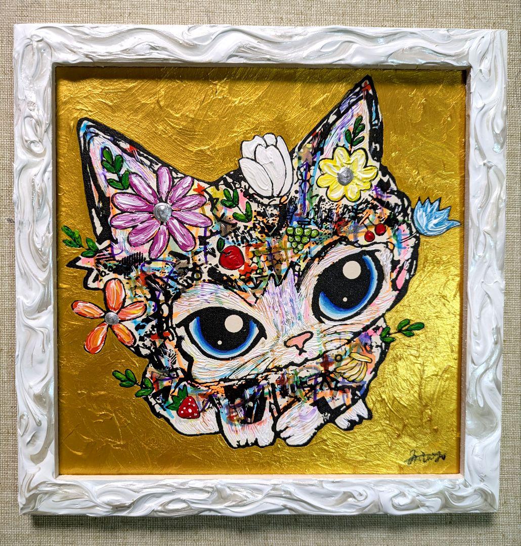 シークレット出品！手作り額付作品 「夢見るニャンコ」