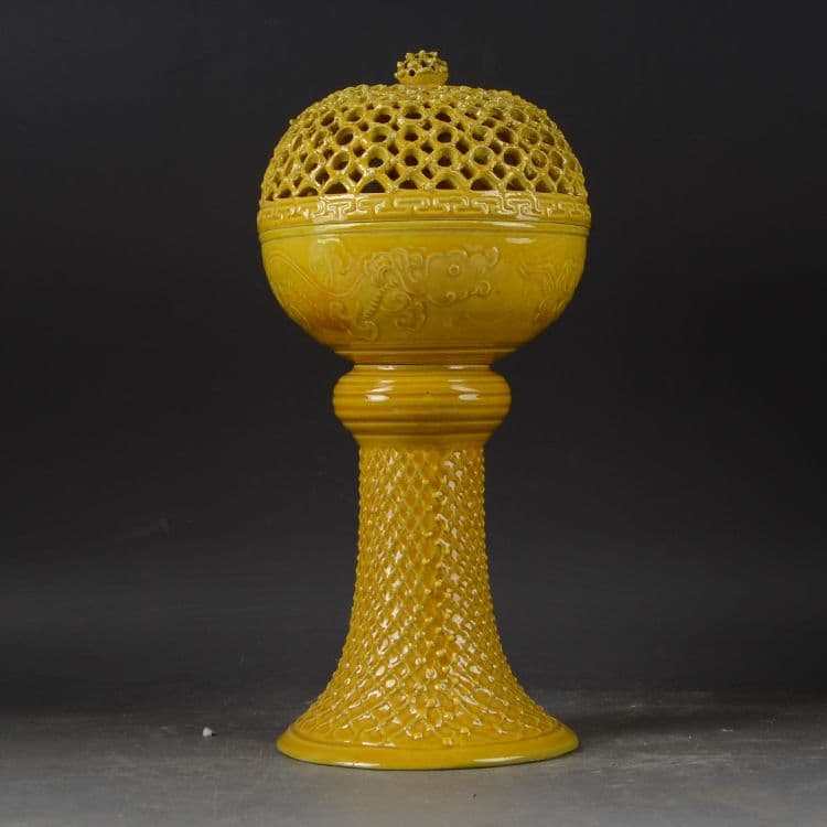景徳鎮 高脚黄釉香炉 香道具 美術品 現代工芸品 美術品 置物