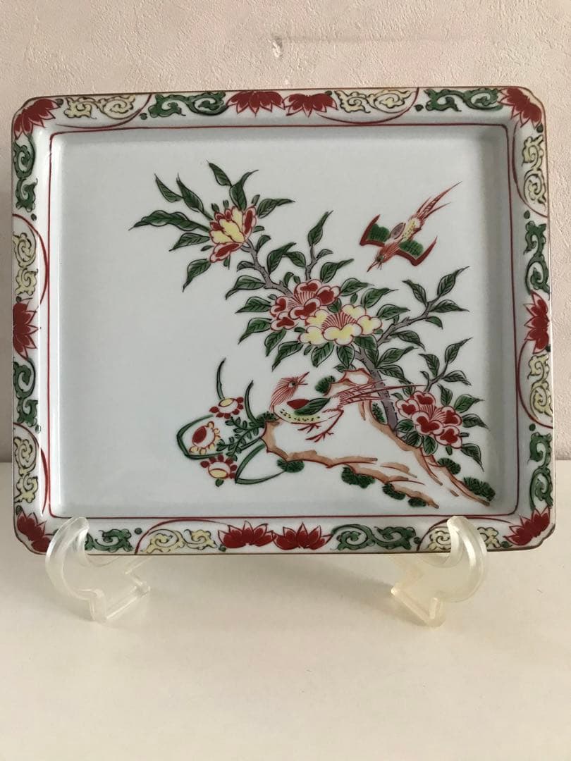 希少品【源右衛門窯・古伊万里】赤絵花鳥文角皿　（1枚）