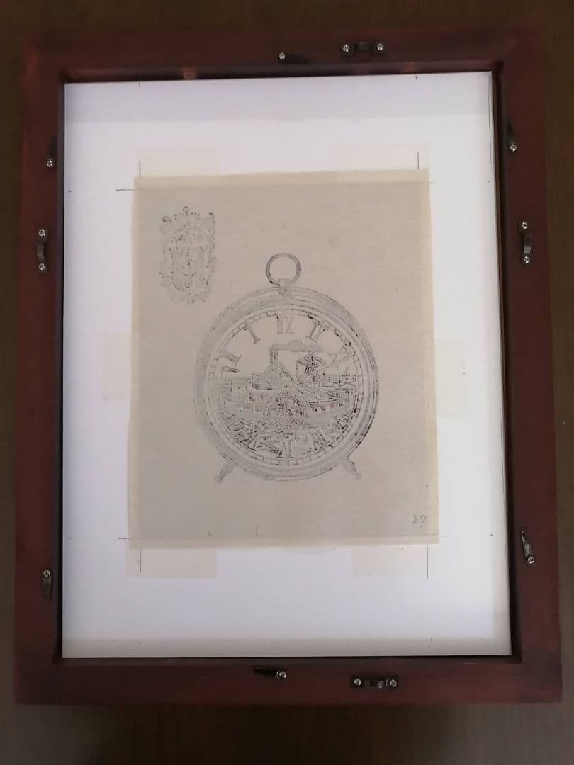 川上澄生・作　蒸気船の時計図（版画）　額、段ボールさし箱付き