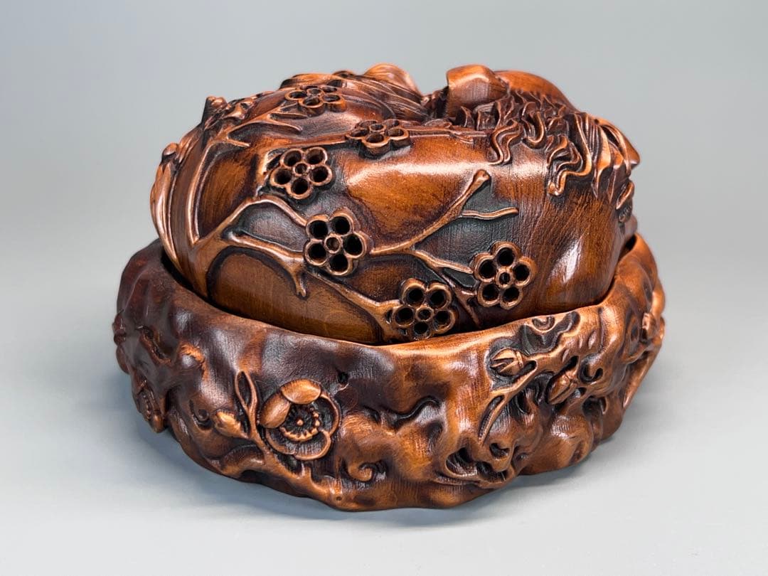 古美術　黄楊木　本物拓植　香炉　香道具　置物　九尾の狐　手作り　極細密彫　極美品