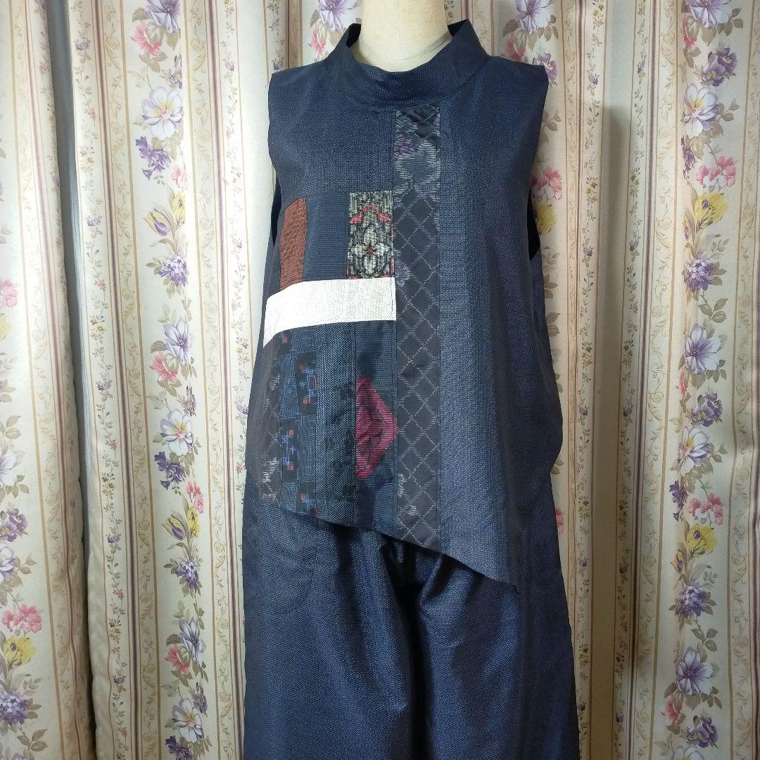 小豆です✿大島紬をつないだセットアップ　総裏仕立て　ハンドメイド♡