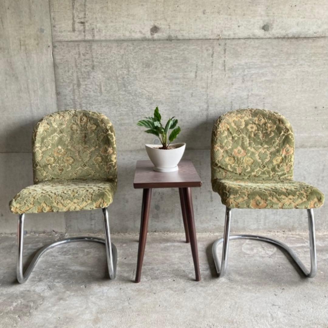 カンチレバー チェア 椅子 2脚 ビロード ジャガード 金華山 昭和 レトロ