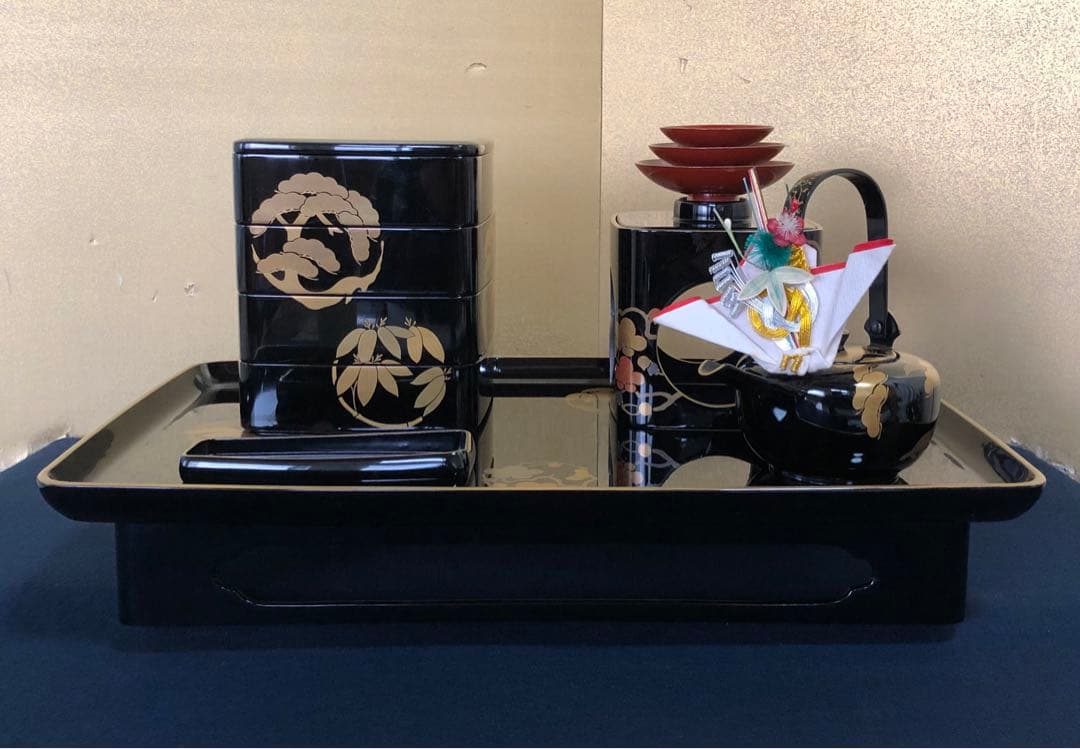 《R》輪島塗 松竹梅蒔絵 屠蘇器 五ツ揃 わじま慶塚 木箱　1f