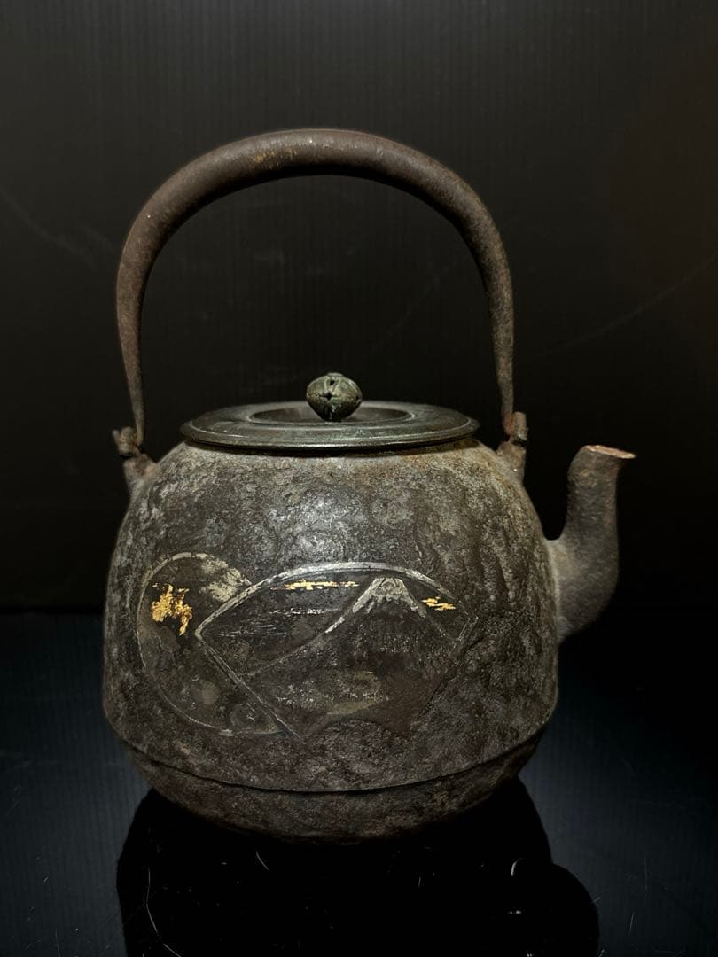 龍文堂 造 金銀象嵌 富士華鳥図 鉄瓶 茶道具