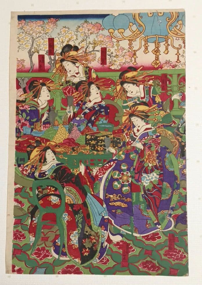 浮世絵版画、東京新吉原別品揃三枚綴り、橋本周延画明治11年1月出版