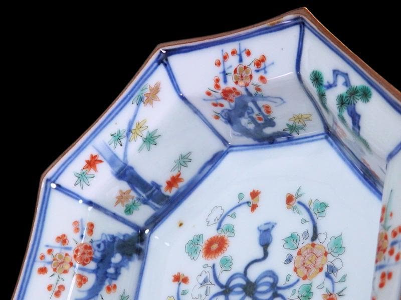 大聖寺伊万里　染錦　柿右衛門写　松竹梅の図　八角膾皿　N293AS-fbuj