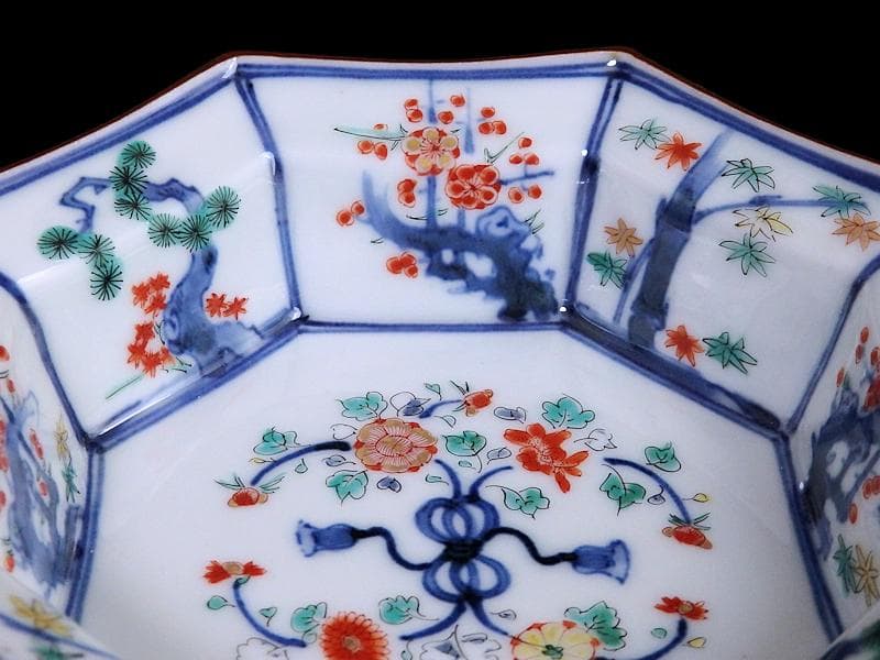 大聖寺伊万里　染錦　柿右衛門写　松竹梅の図　八角膾皿　N293AS-fbuj