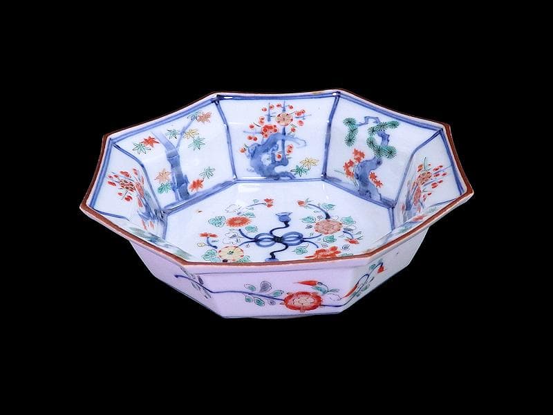 大聖寺伊万里　染錦　柿右衛門写　松竹梅の図　八角膾皿　N293AS-fbuj
