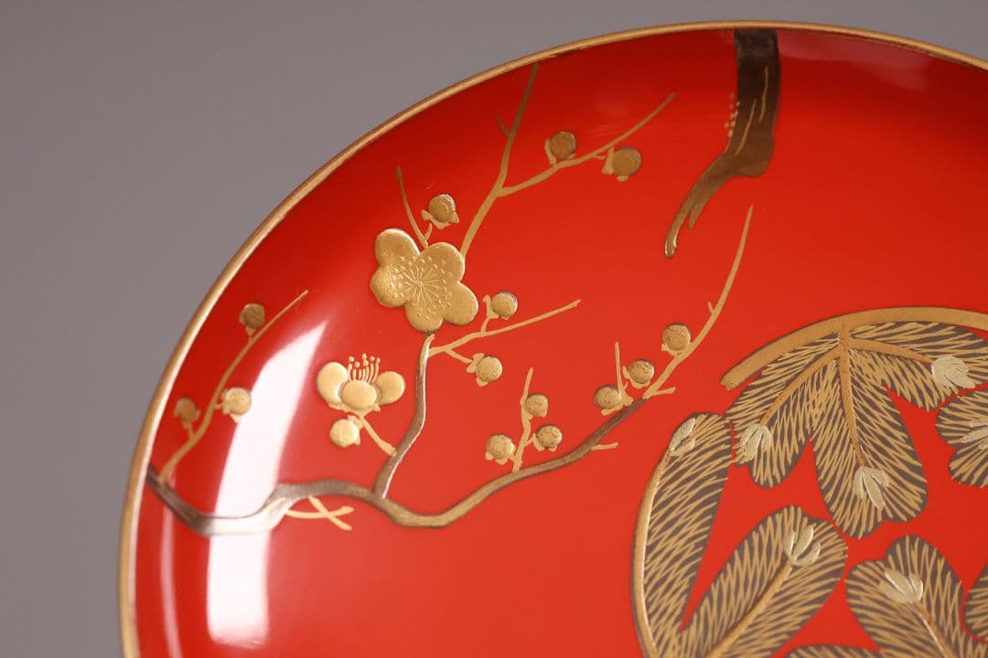 【CM248】時代木製漆器 松竹梅 金蒔絵 朱塗 引盃 五客 木製漆器 小皿 杯